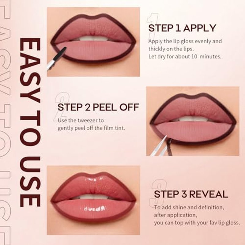 3Pcs Lip Stain Peel Off Set with Tweezer, Peel Off lip Liner Stain Long Lasting Waterproof, Matte Lip Tattoo Tint Transfer Proof, Highly Pigmented Color Lip Makeup(#809+810+811)