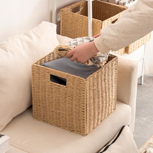Set of 4 Foldable Hand Woven Storage Baskets with Handles - 13x13x13 Inches, Natural