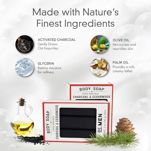 Olivia Care Activated Charcoal Cedarwood Bar Soap 3 Pack Set 100% Natural & Organic ? For Face & Body - Deep Clean, Exfoliate, Moisturize & Hydrate - Amazing Masculine Fragrance - 3 X 5 OZ