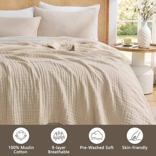 EMME 9-Layer Muslin Cotton Blanket Queen Beige - Soft, Breathable Coverlet