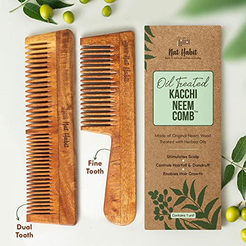Nat Habit Back To Natural Kacchi Neem Wooden Comb - Dual Combo, 18-20cm, Frizz & Hairfall Control