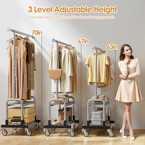 Heavy Duty Clothes Rack with 2 Shelves - Silver, Load 600LBS, Adjustable Height