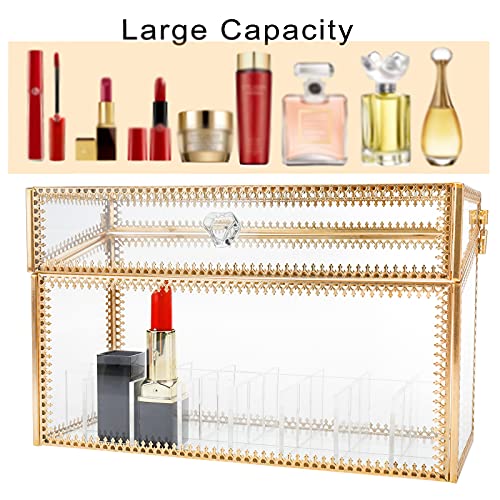 Glass Lipstick Organizer with Lid, 24 Slots Vintage Makeup Storage Box