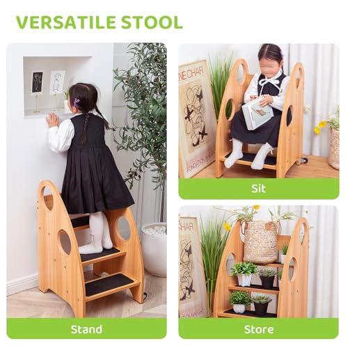 Wooden Toddler Step Stool with Non-Slip Steps & Safety Handles - Supports 350 lbs