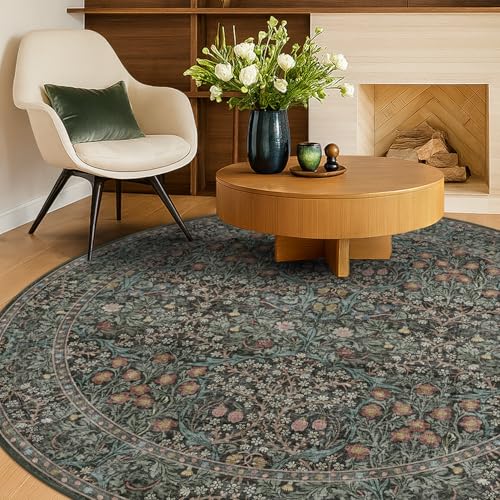 6ft Dark Green Round Vintage Floral Area Rug - Washable, Non-Slip, Pet Friendly