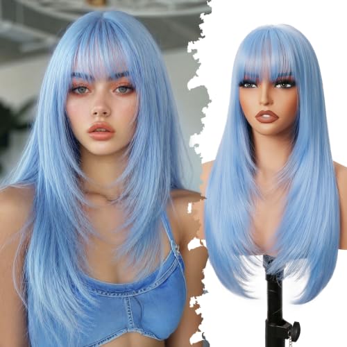 Light Blue Synthetic Wig with Bangs, Long Straight Layered 26 Inches - Cosplay & Formal