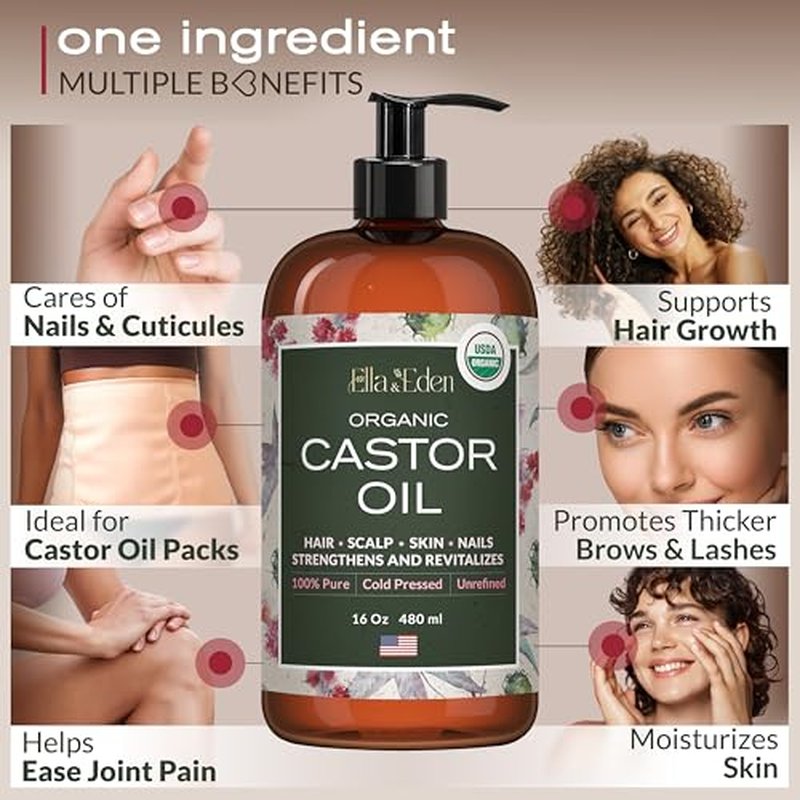 Ella & Eden Castor Oil Organic ? Cold Pressed Hexane-Free Unrefined Glass Bottle | For Hair Growth, Face, Skin | USDA Certified 100% Pure ? 16 Oz
