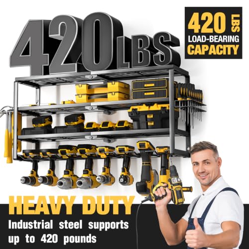 YYR 32 Inch 8 Slot Power Tool Organizer Wall Mount with Charging Station, Drill & Battery Storage Rack