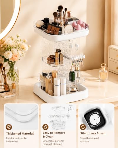White Rotating Makeup Organizer with 5 Adjustable Tiers & Jewelry Hooks