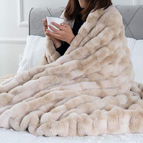 Luxury Faux Fur Throw Blanket - 60x80 Inches, Tie-Dye Beige, Soft & Cozy Couch Decor