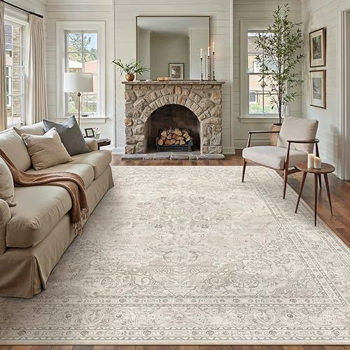 PureCozy Vintage Beige 8x10 Low Pile Washable Area Rug - Large Living Room Carpet
