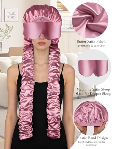 Pink Satin Sleep Bonnet with Eye Mask & Curling Ribbons - No Slip Hair Protector