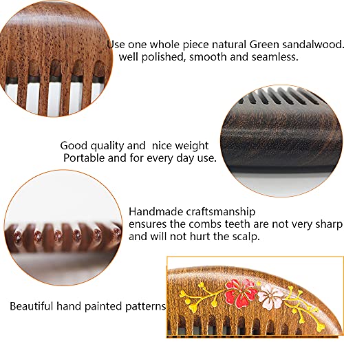Pocket Size Sandalwood Comb with Flower Design - No Static Wide Tooth Hair Comb - 2pcs with Free Pouch - Variation MN Flower