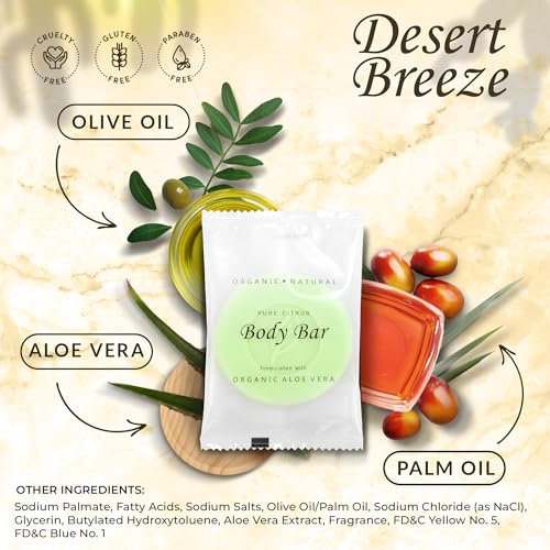 Travel Size Hotel Body Bar Soap 100 Count 1 oz Bars Guest Amenities for Vacation Rentals and Short Term Rentals Paraben Free Lemon & Chamomile Scent Infused with Aloe and Olive Oil by Desert Breeze