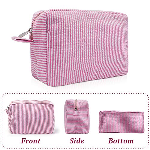 Seersucker Cosmetic Bag, Large Makeup Pouch Travel Toiletry Case with Zipper Closure Seersucker Cosmetic Organizer for Women Girls