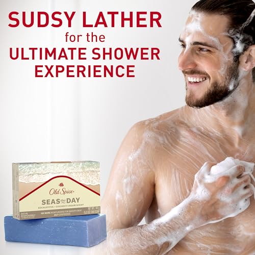 Old Spice Men's Bar Soap, Seas The Day Eucalyptus and Coconut Cream Scent, 10x More Moisturizers for Smooth Skin with Mild Exfoliators & Plant Based Cleansers, 5.0 oz
