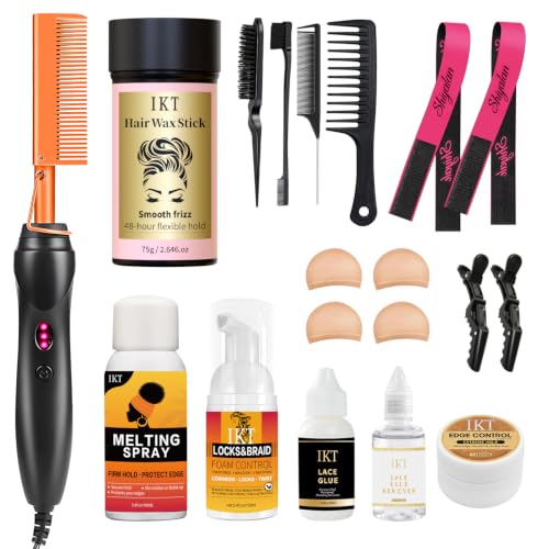 19 Pcs Hot Comb Set - Electric Hair Straightener Curling Iron for Natural Black Hair & Wigs - Includes Wig Glue & Styling Accessories