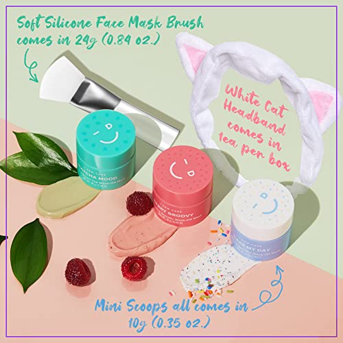 I DEW CARE Mini Scoops Wash Off Face Mask Skin Care Trio + White Cat Spa and Makeup Headband + Soft Silicone Face Mask Brush Bundle