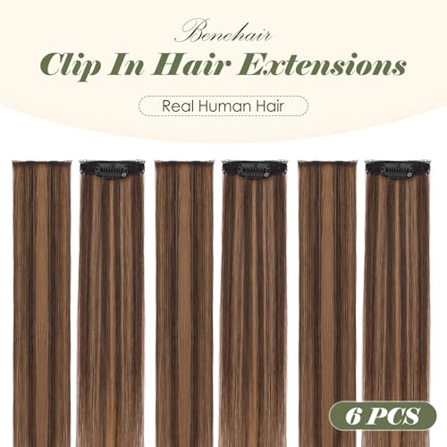Clip-In Hair Extensions 6PCS Short Straight Balayage Highlights Dark Brown & Light Brown - 12 Inch
