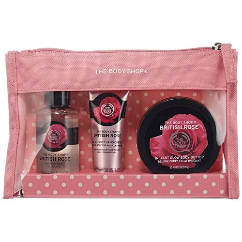 The Body Shop British Rose Beauty Bag Gift Set, 3pc Bath and Body Gift Set of Travel Size British Rose Body Care