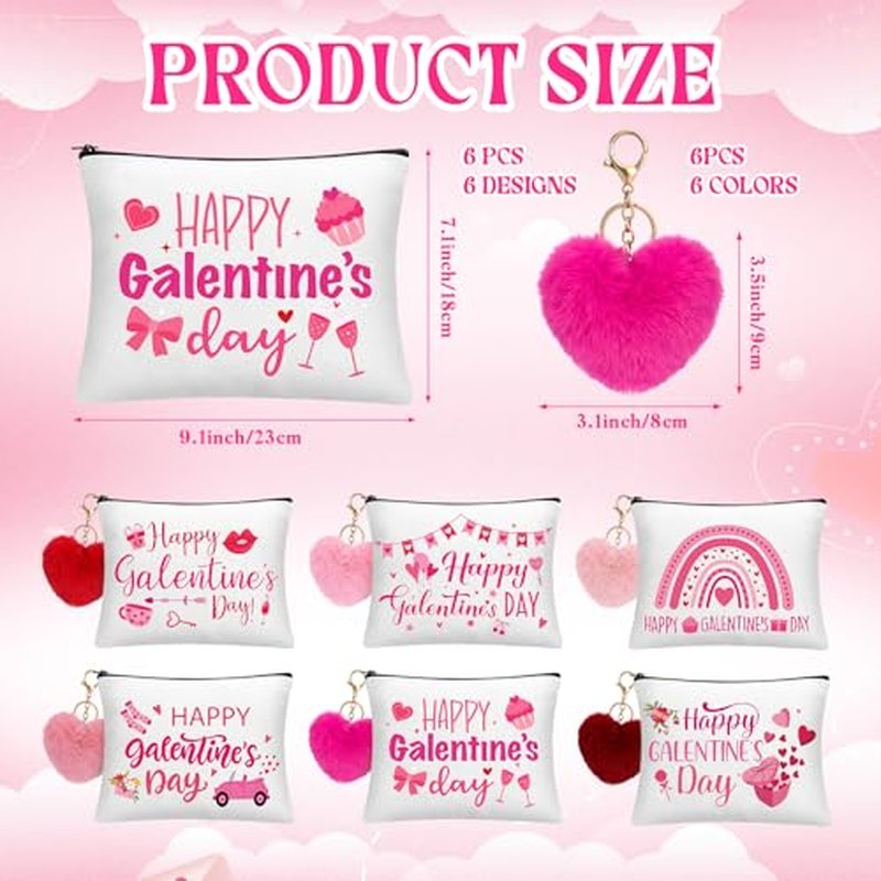 Landical 6 Sets Galentine's Day Makeup Bags Gifts Bulk for Woman Valentine's Day Canvas Bags with Zipper Pink Plush Heart Keychains Galentines Party Favors Supplies for Friends Besties Ladies