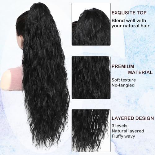 Long Curly Ponytail Extension Clip-In Hairpiece 28 Inch Black Natural Wave for Women
