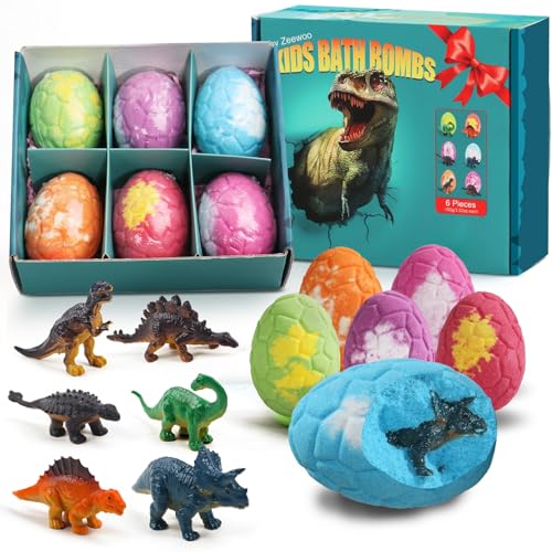 Zeewoo 6 Pack Dinosaur Bath Bombs with Surprise Toys for Kids, Organic & Safe Fun