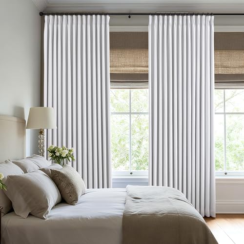 White Blackout Linen Curtains 95 Inches Long, Pack of 2 - Pinch Pleated, 40"W x 95"L