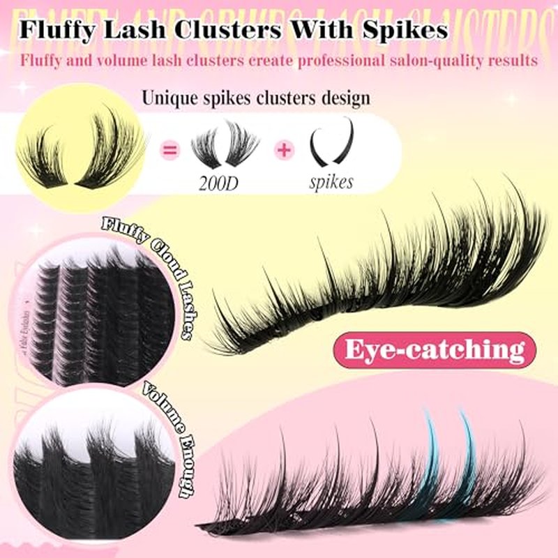 Fluffy Lash Clusters Kit with Bottom Lashes Spikes Cluster Eyelash Extension 10-22MM Volume Lash Extension Kit with Bond and Seal Lash Glue, Lash Tweezers DIY at Home for Beginner Eyelash Brush