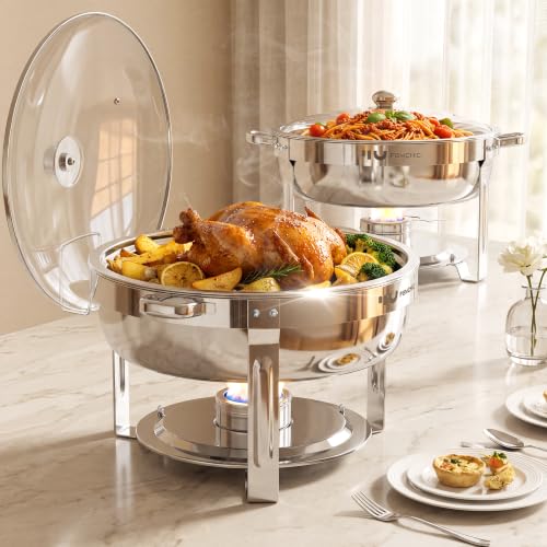 7QT Buffet Chafing Dishes Set - 2 Pack Silver Round Food Warmers with Glass Lids