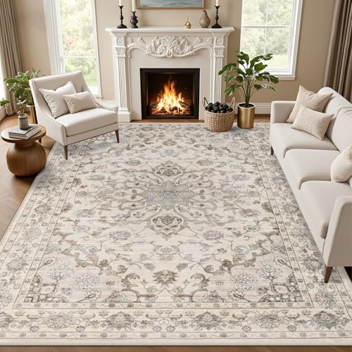 8x10 Washable Area Rug for Living Room and Bedroom - Brown Beige, Non-Slip Backing