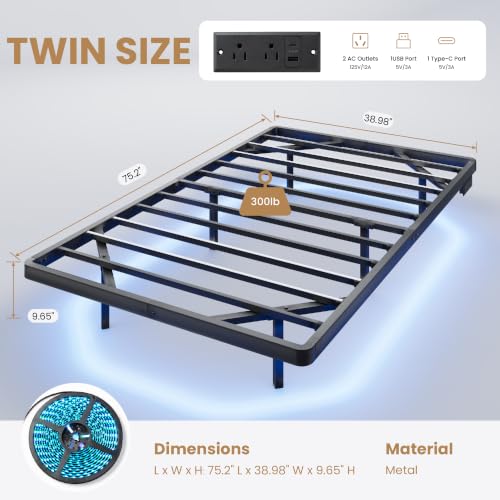 Twin Size Floating Bed Frame with RGB LED Lights - Matte Black