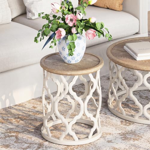 Farmhouse End Table with Tray - French Country Round Side Table Beige 18.5 In - Karlott