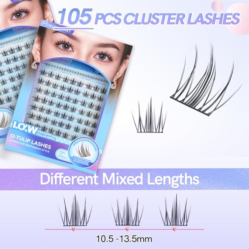 MLEN DIARY Natural C Curl Eyelash Clusters O-Tulip 10.5-13.5MM 105pcs Wispy Lash Clusters Kit Short Lightweight Handmade PBT Fiber for Bigger Eyes (O-Tulip 10.5-13.5MM)