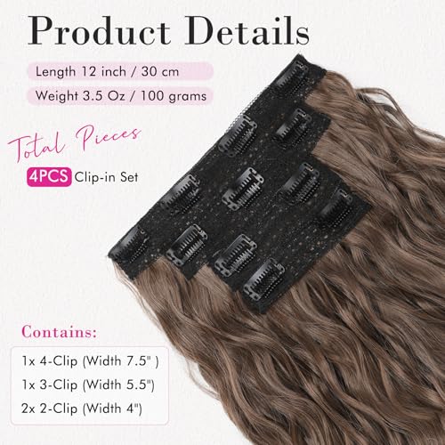 Clip in Hair Extensions 12 Inch Curly Wavy Natural Soft Hairpieces for Women - Light Brown with Golden Ends - 4 Pack