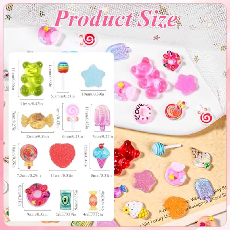 3D Candy Nail Charms, Multi Color Sweet Lollipop Donuts Doughnut Gummy Star Heart Bears Cute Candy Jewelry Nail Charms with Pickup Tools for Nail Art DIY Decorations Design