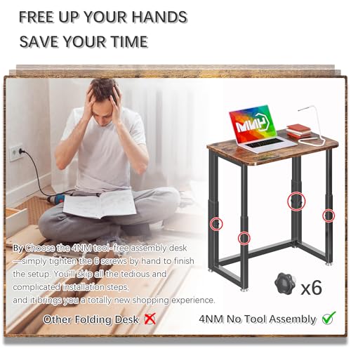 4NM Rustic Brown & Black 23.6-Inch Foldable Portable Computer Desk with Wheels