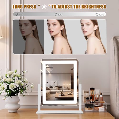 Rechargeable Vanity Mirror with Lights, 3000mAH Battery, 15"¡¿12.2" LED Makeup Mirror, 10X Magnification, Smart Touch with 3-Color Lighting, 360¡Æ Rotation, Lighted Up for Makeup Desk, Bedroom (White)