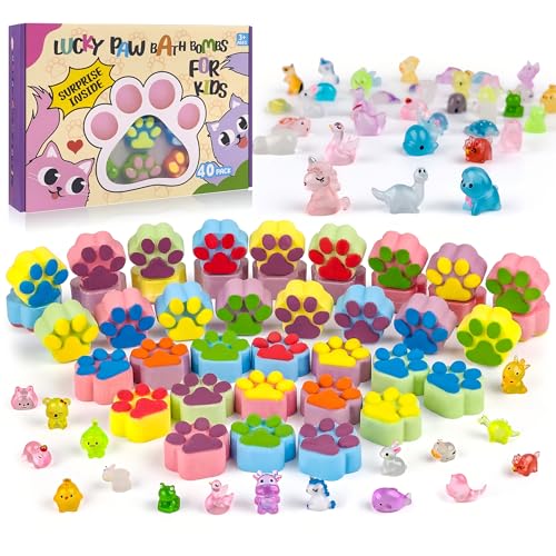 Kids Bath Bombs with Surprise Toys - 40 Large Paw-Shaped Bubble Bath Set