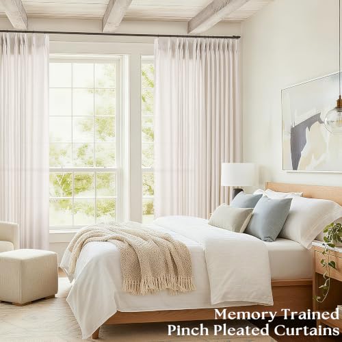 Natural Linen Sheer Pleated Curtains - 100W x 108L Cream with Variation Natural