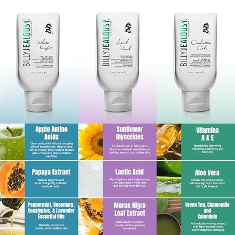 Billy Jealousy Face3Some Face Trio Vegan Mens Skin Care Kit with Travel Size Toiletries, Daily Facial Cleanser, Exfoliating Facial Cleanser and Skincare Moisturizer, Gentle Fresh Scent