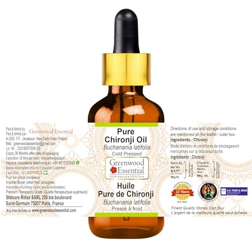 Greenwood Essential Chironji Oil (Buchanania latifolia) with Glass Dropper | Cold Pressed | Natural | Undiluted | For Diluting Essential Oils | For Skin & Massage | Men & Women | 10ml (0.33 oz)