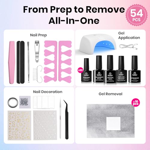 Beetles Gel Nail Polish Kit with UV Light - 54 Pcs, 32 Colors, Nail Art Set - Variation A Multicolor 32-54