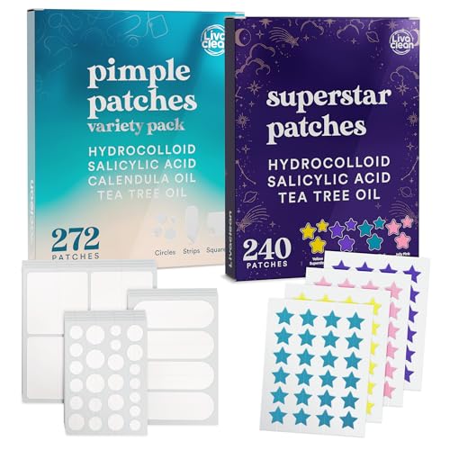 LivaClean (272 + 240 CT) Acne Patches, Hydrocolloid Star Pimple Patches for Healing, Cute Face Stickers, Large Pimple Patch for Face, Hydrocolloid Patch
