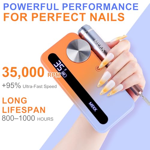 MEKK Professional Orange Blue 35000RPM Cordless Nail Drill E-File for Acrylic Gel Nails