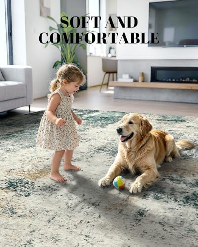 9x12 Modern Abstract Area Rug - Gray Green Washable Non-Slip Carpet for Living Room, Dining, Bedroom, Office - Variation: Gray Green/Mud Yellow