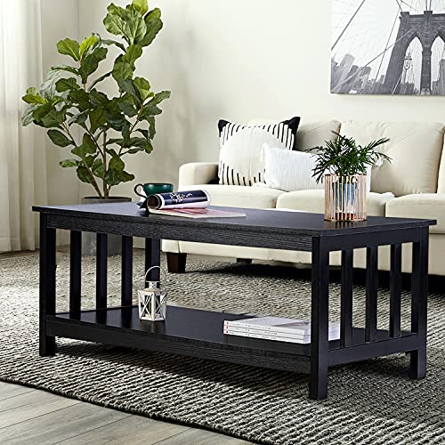 Mission Style Coffee Table with Shelf - Black Wood Living Room Table 22"D x 39.9"W x 18.1"H