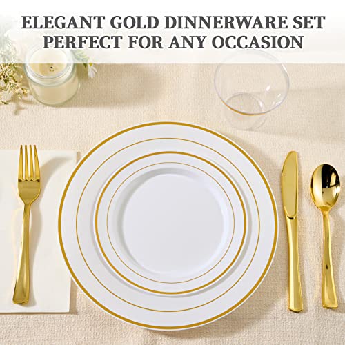 Disposable Dinnerware Set for 100 Guests - Gold Plastic Plates Cups Cutlery - Gold Dinnerware Set