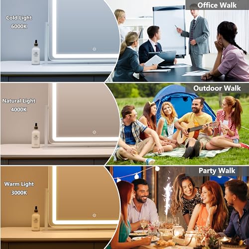 Vanity Mirror with Lights, Large Makeup Mirror, LED Lighted, 3 Color Modes, 360 Rotation, 22.2" x 16.3" White