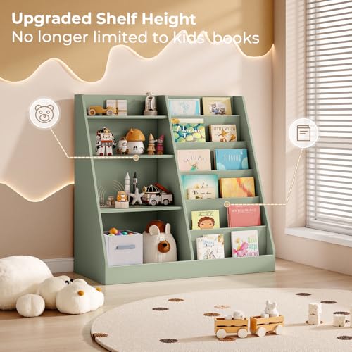 Tatub Upgraded 6-Tier Kids Wooden Bookshelf and Toy Storage with 4 Display Shelves, Sage Green
